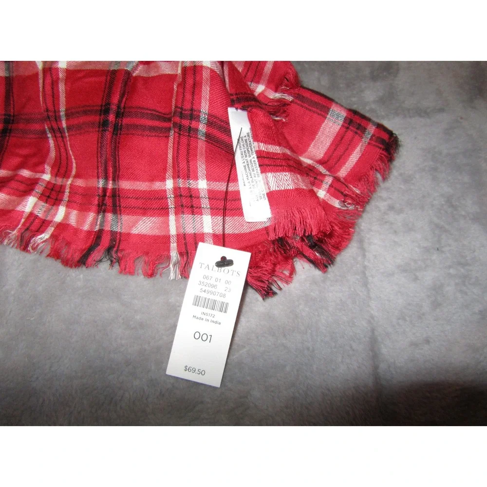 Talbots Red Plaid Scarf Rayon Fringe Trim Tartan Lightweight NWT 54990708